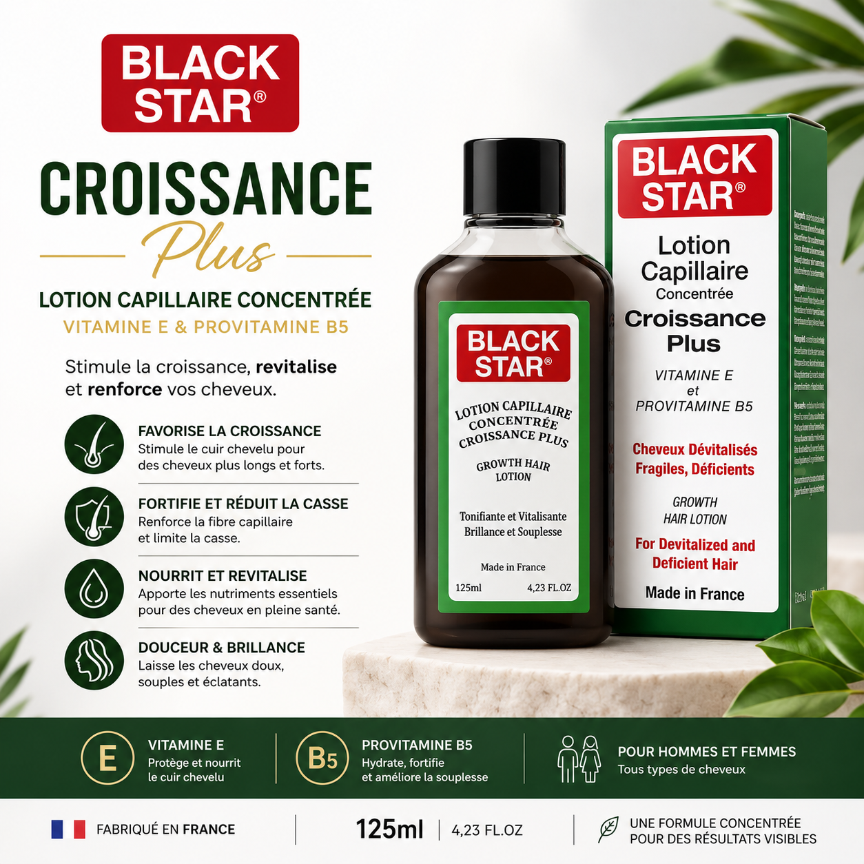 BLACK STAR® Lotion Capillaire Croissance Plus – Vitamine E & Provitamine B5 – 125 ml