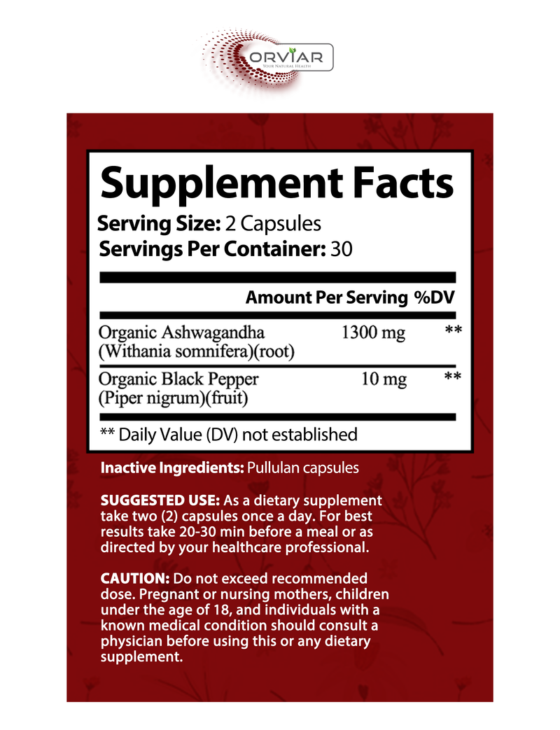 Orviar Pure Ashwagandha Root Supplement - 60 Capsules
